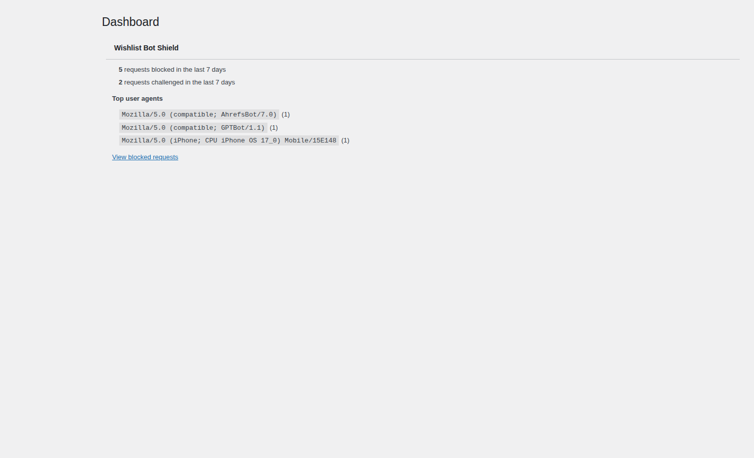 The Wishlist Bot Shield dashboard widget showing 5 requests blocked and 2 challenged in the last seven days, the top three user agents and a link to the blocked requests