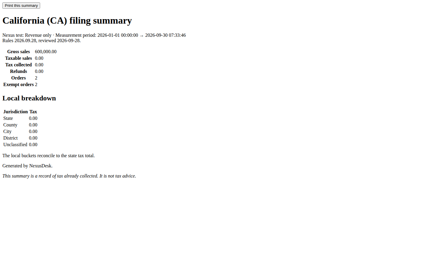 NexusDesk Pro — print summary desktop