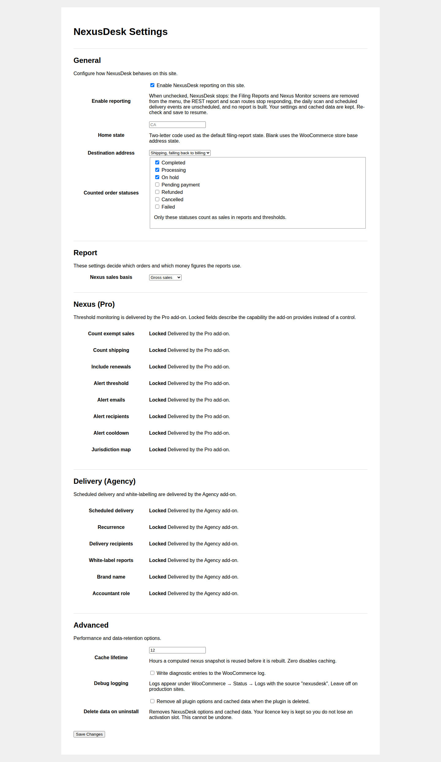 The NexusDesk Settings screen: the General and Report tabs carry live free controls, while the Nexus (Pro) and Delivery (Agency) rows are locked and labelled as delivered by the add-on