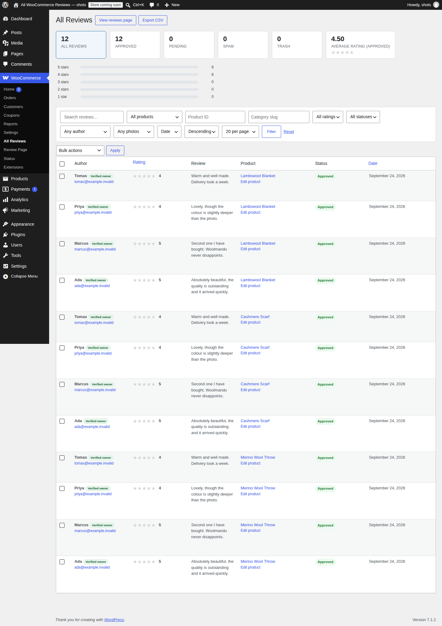 The All Reviews admin screen under WooCommerce, with summary cards, product and status filters, bulk moderation actions and an Export CSV button