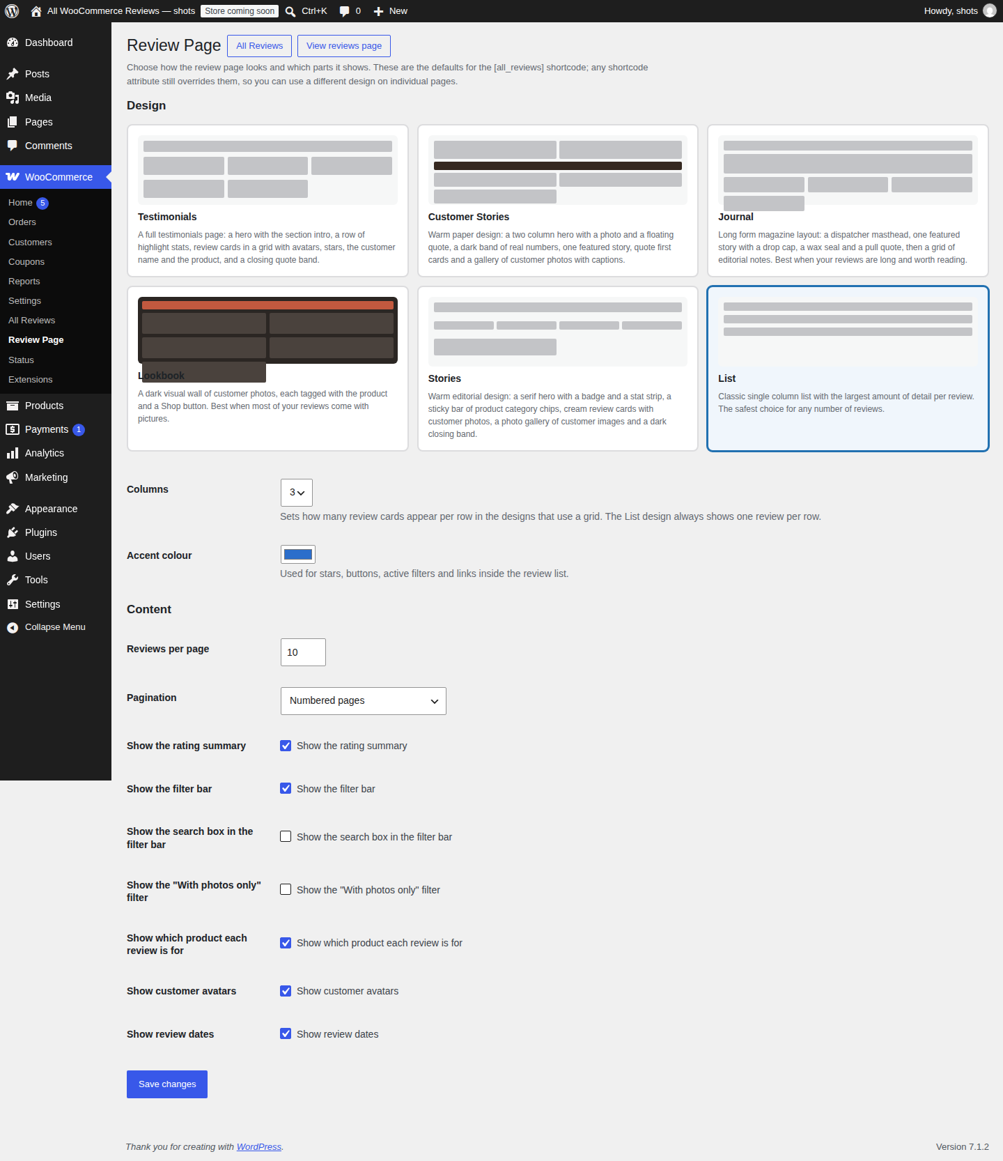 The Review Page settings screen showing the six design previews and the controls for columns, accent colour, reviews per page, pagination and which review parts to show