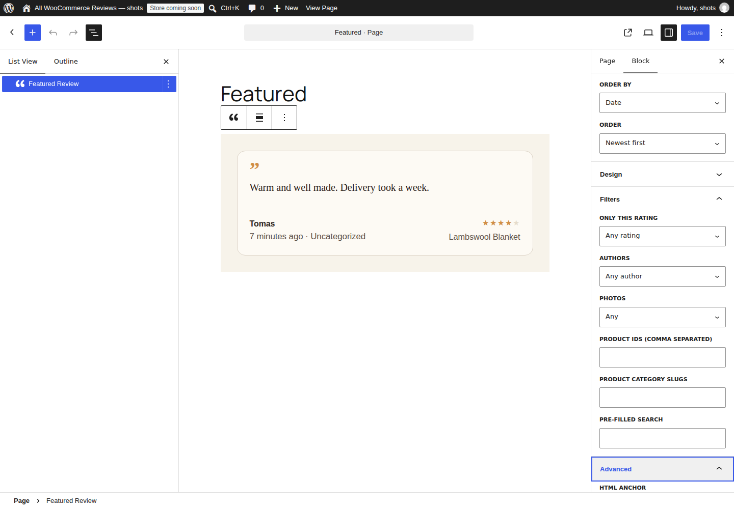 The Featured Review block in the block editor, with a customer quote in the canvas and the Order, Design and Filters panels open in the sidebar
