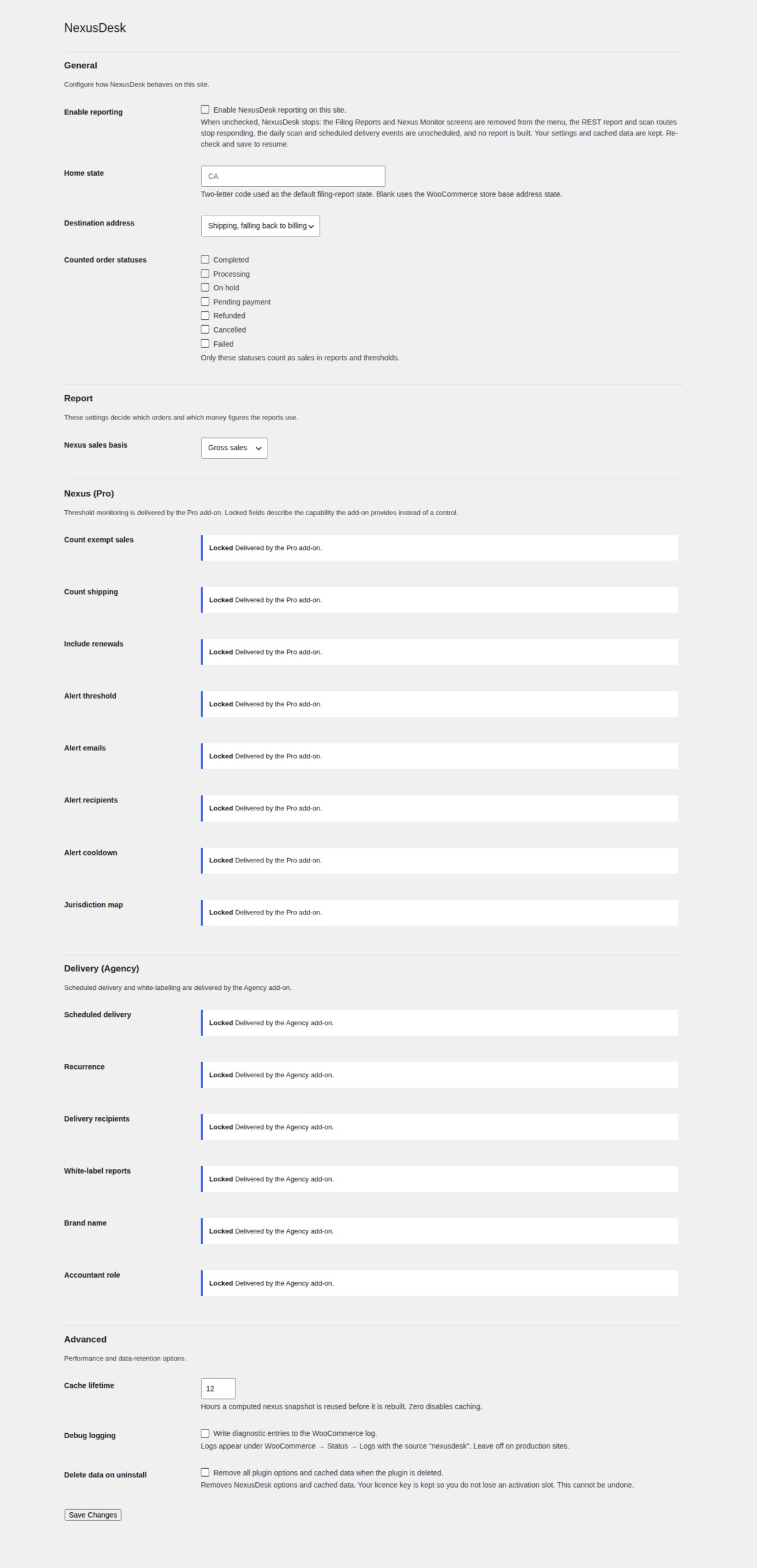 NexusDesk — Economic Nexus & Sales Tax Filing Reports for WooCommerce — qa 021 settings desktop