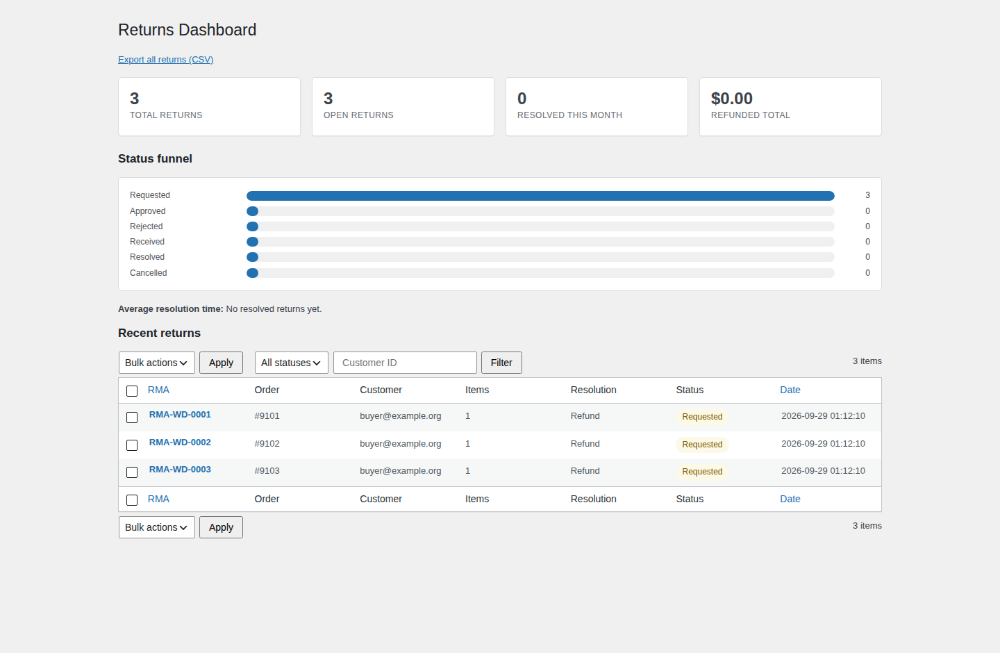 TillFoundry Returns Desk Pro for WooCommerce — qa dashboard desktop