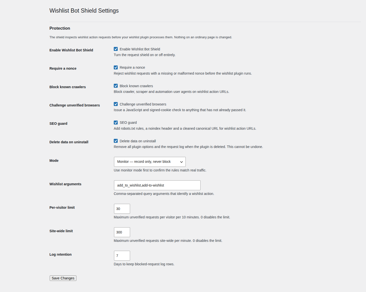 The Wishlist Bot Shield settings screen with Monitor selected, the protection toggles, a per-visitor limit of 30 requests per ten minutes, a site-wide limit of 300 per minute and a seven-day log retention