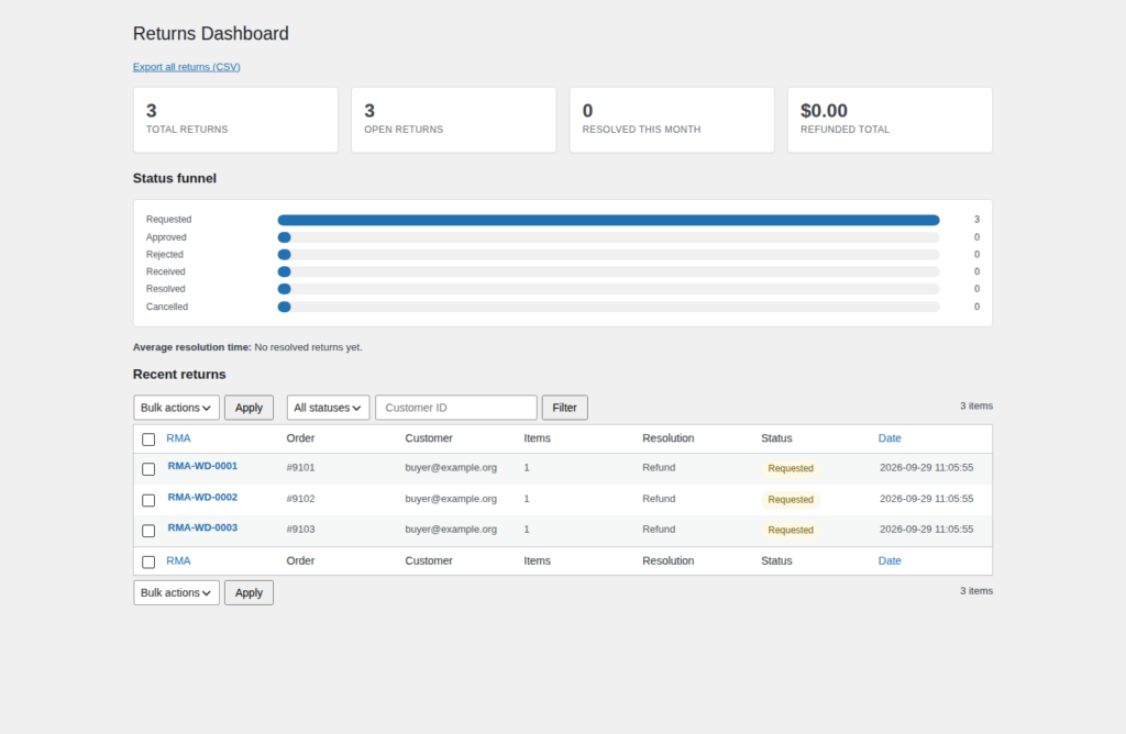 TillFoundry Returns Desk Pro for WooCommerce — rte dashboard desktop