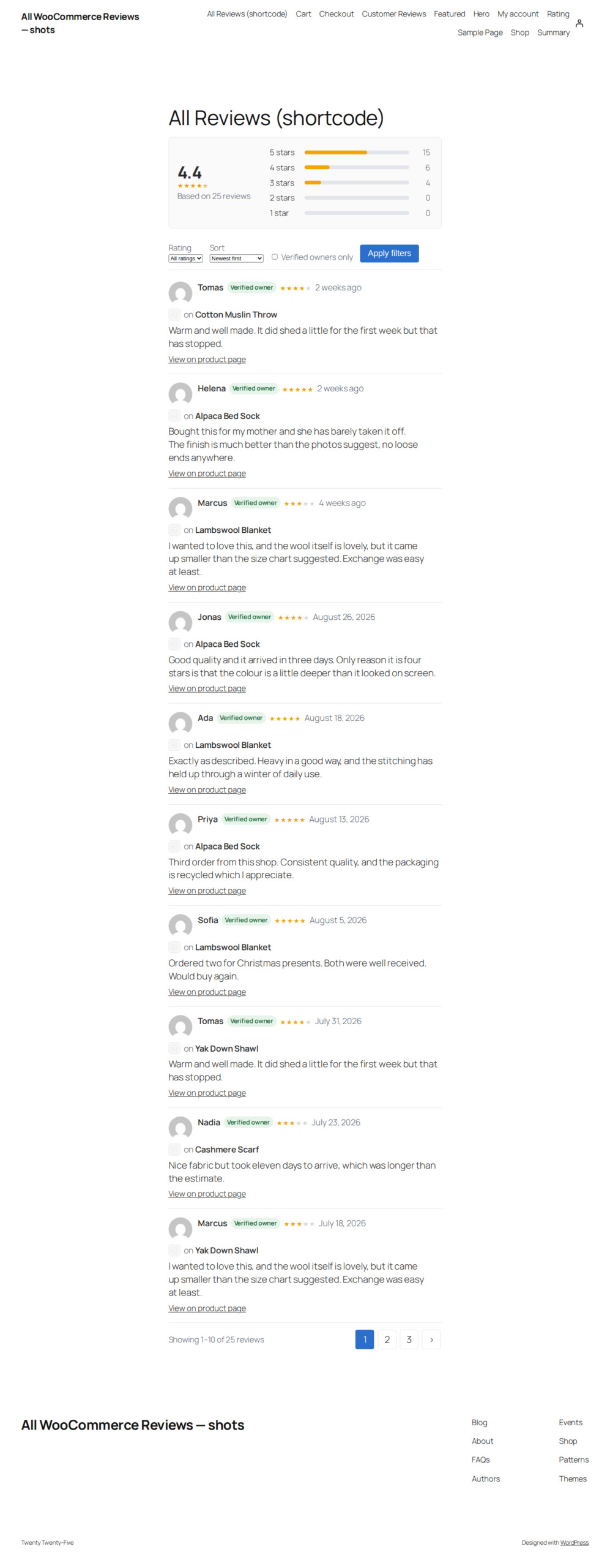 The All Reviews shortcode on a store page, with a 4.4 average rating, a 1 to 5 star distribution, a filter bar and review cards showing verified-owner badges, product links and dates