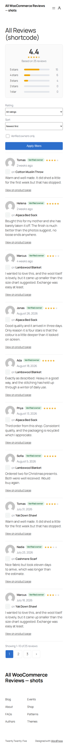 The review page on a phone, with the rating summary, filter bar and stacked review cards