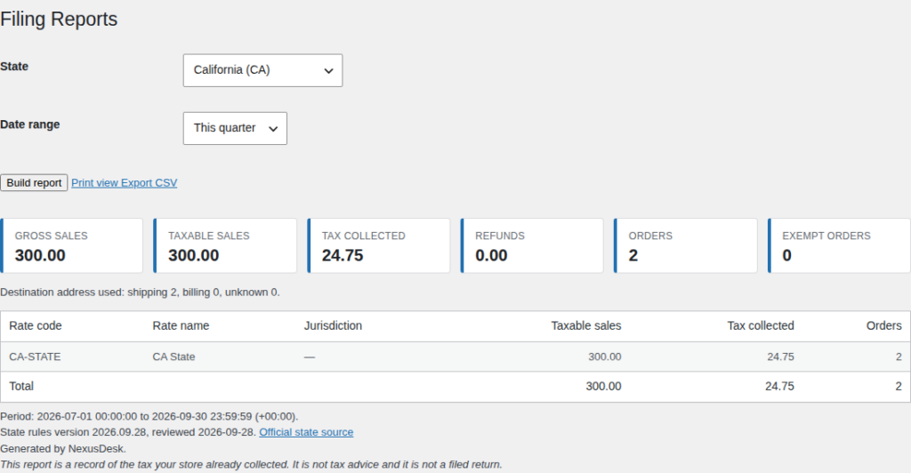 NexusDesk — Economic Nexus & Sales Tax Filing Reports for WooCommerce — ux3 report desktop