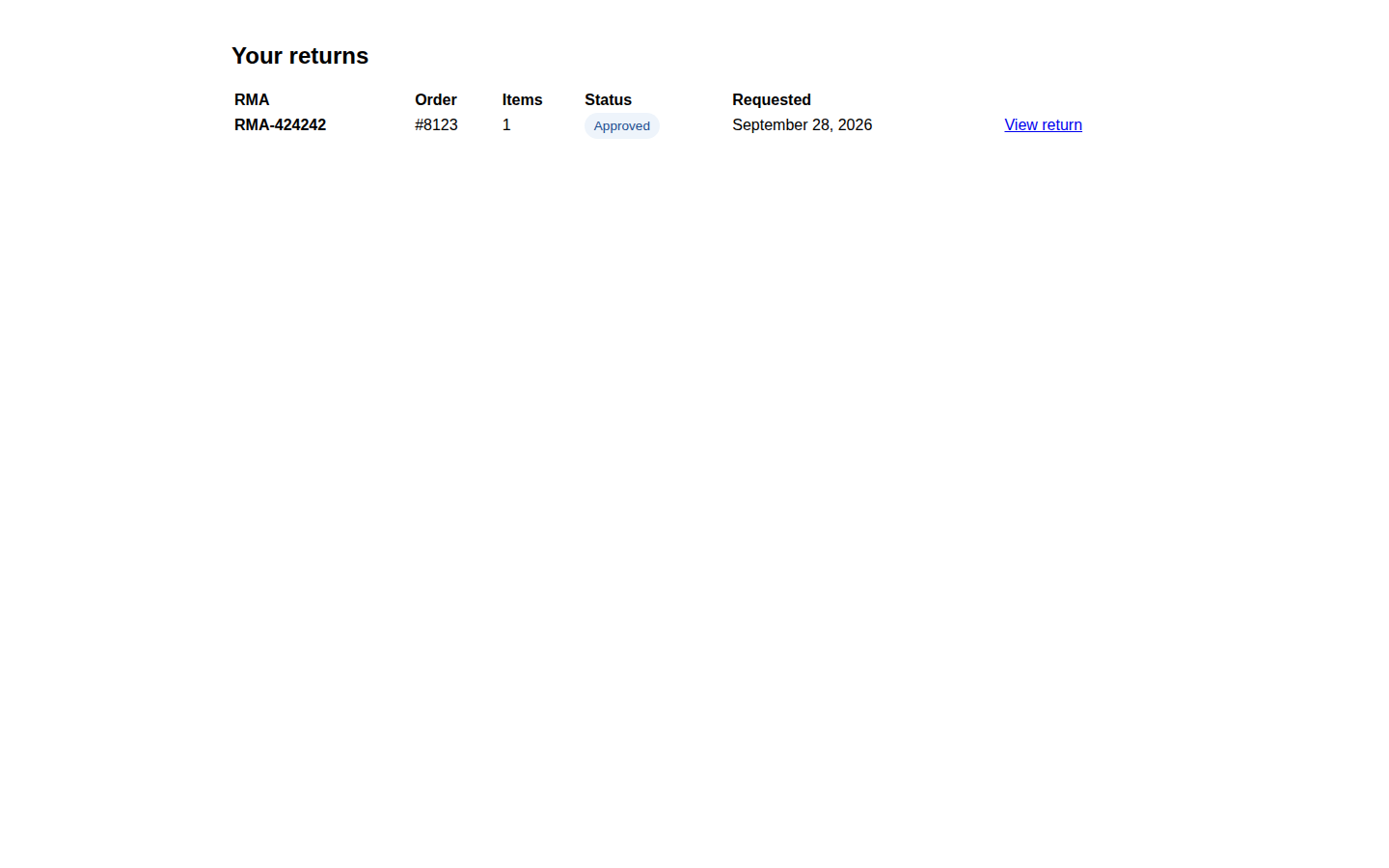 The customer's Your returns list in My Account, showing RMA-424242 for order 8123 with 1 item, an Approved status and a View return link