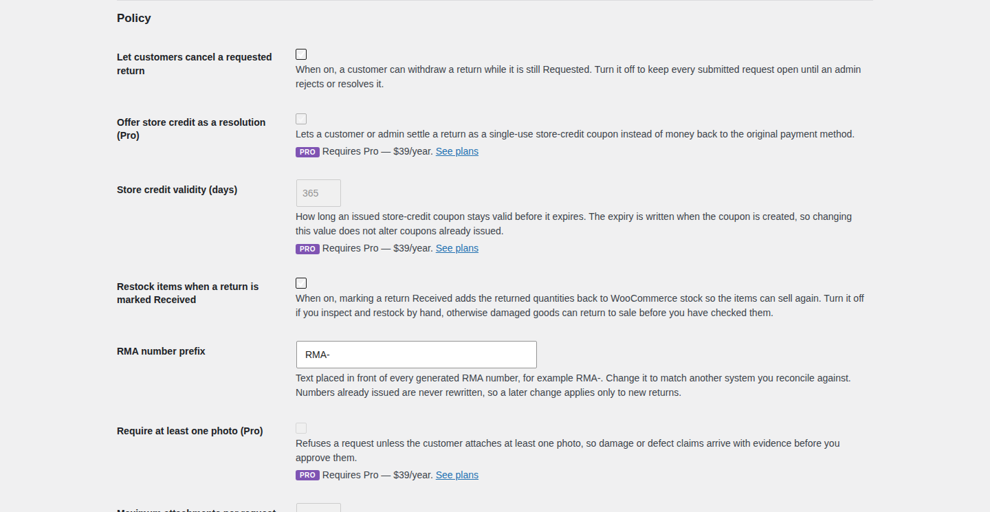The Returns Desk policy settings screen with a store-credit option, store-credit validity in days, a restock option, an RMA number prefix, a require-at-least-one-photo option and a refund cap, each paid option marked Pro